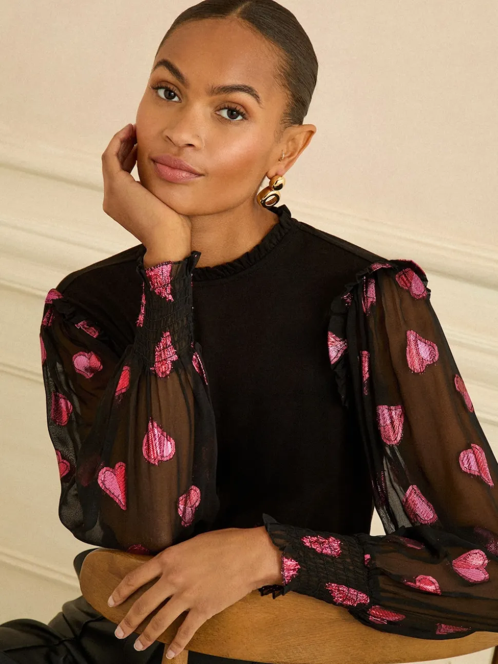 Love & Roses Black and Red Heart Print Mixed Jersey Sheer Sleeve Top