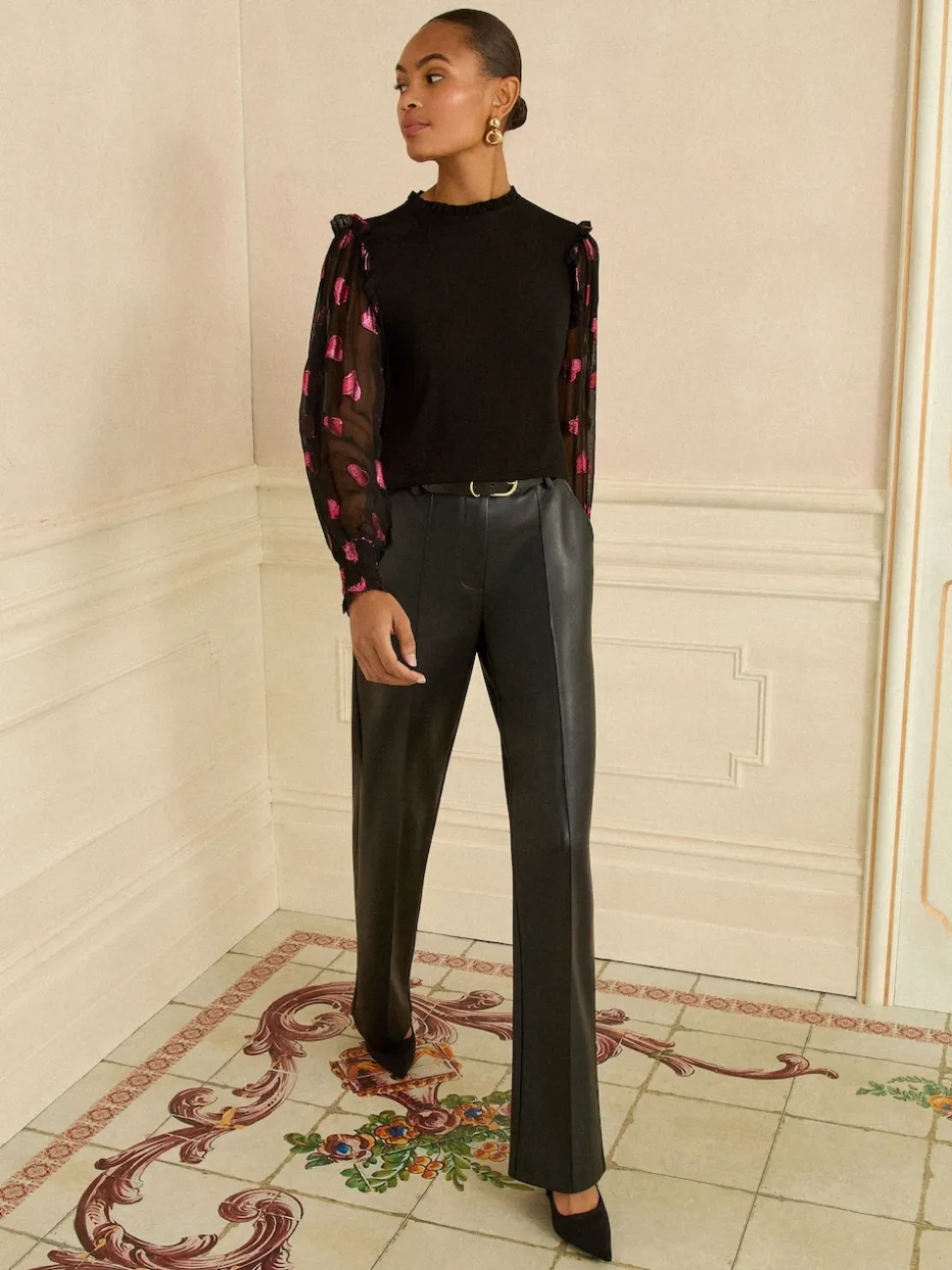 Love & Roses Black and Red Heart Print Mixed Jersey Sheer Sleeve Top