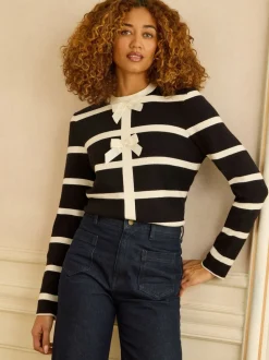 Love & Roses Black And White Striped Bow Detail Knitted Jumper