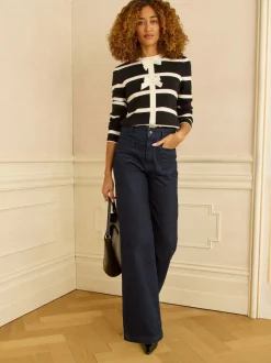 Love & Roses Black And White Striped Bow Detail Knitted Jumper
