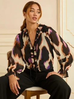 Love & Roses Black Animal Notch Neck Long Sleeve Blouse