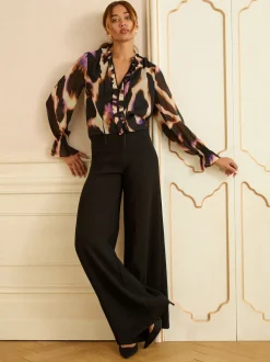 Love & Roses Black Animal Notch Neck Long Sleeve Blouse