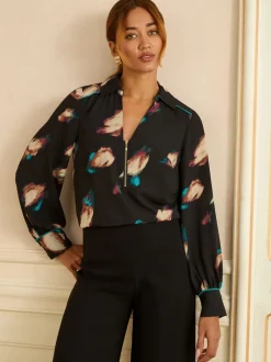 Love & Roses Black Animal Long Sleeve Zip Front Blouse