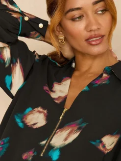 Love & Roses Black Animal Long Sleeve Zip Front Blouse