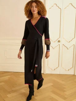 Love & Roses Black Animal Rainbow stripe V-Neck Knitted Midi Dress