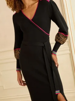 Love & Roses Black Animal Rainbow stripe V-Neck Knitted Midi Dress