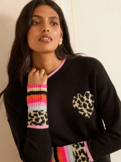 Love & Roses Black Animal Print Heart Petite Crew Neck Cosy Jumper