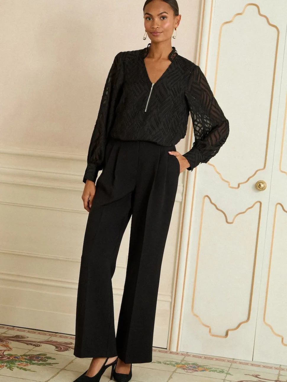 Love & Roses Black Burnout Long Sleeve Zip Front Blouse