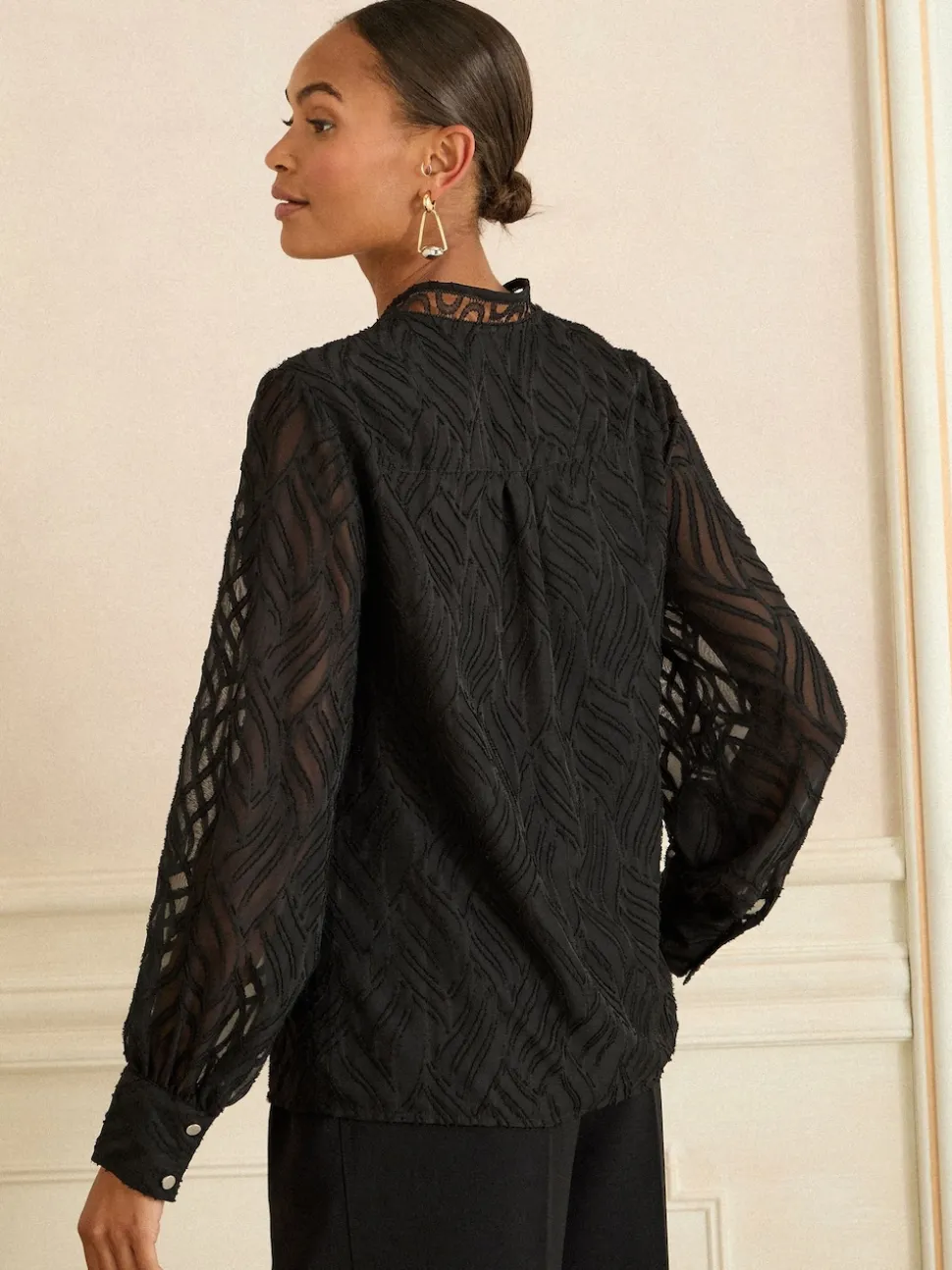 Love & Roses Black Burnout Long Sleeve Zip Front Blouse