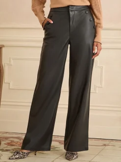 Love & Roses Black Button Detail Faux Leather Wide Leg Trousers