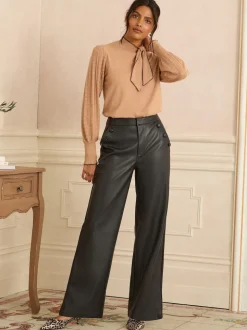Love & Roses Black Button Detail Faux Leather Wide Leg Trousers