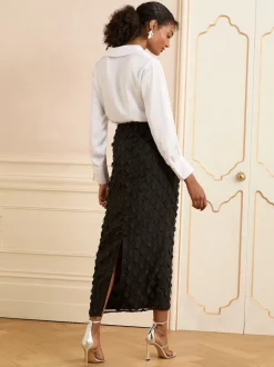 Love & Roses Black 3D Floral Midi Skirt