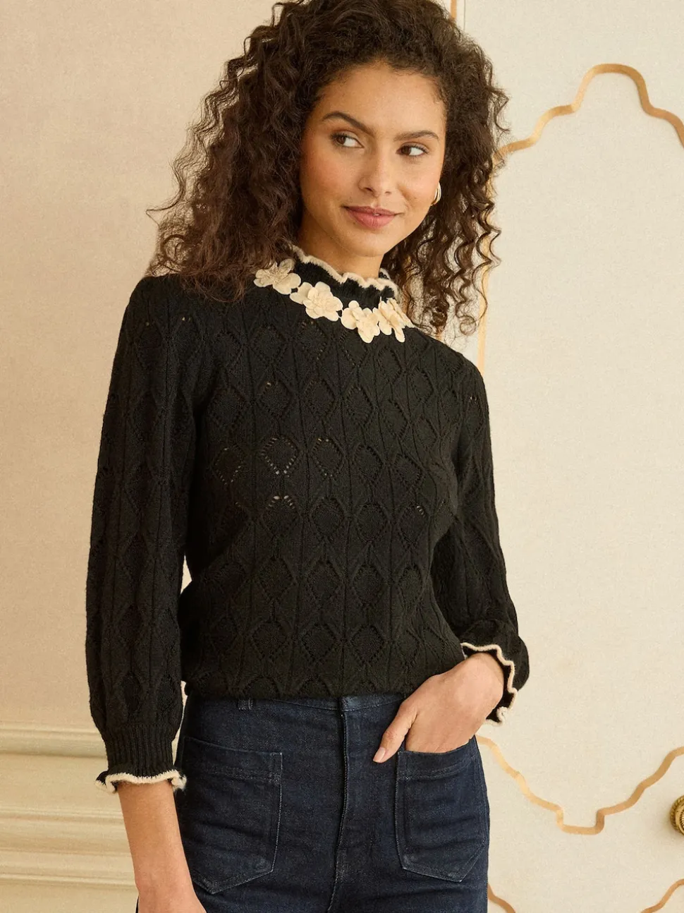 Love & Roses Black 3D Flower Trim Pointelle Jumper