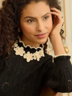 Love & Roses Black 3D Flower Trim Pointelle Jumper