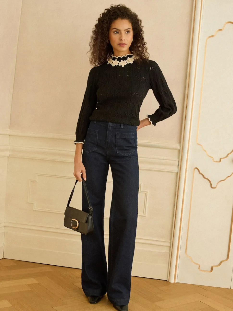 Love & Roses Black 3D Flower Trim Pointelle Jumper
