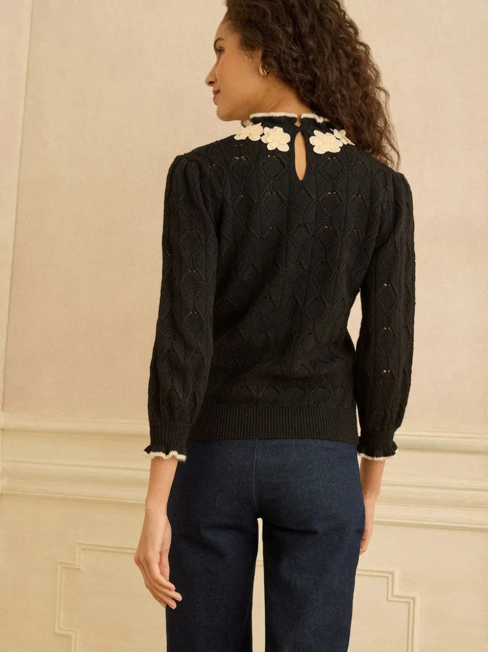 Love & Roses Black 3D Flower Trim Pointelle Jumper
