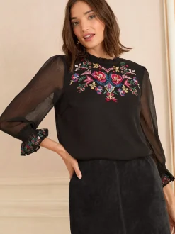 Love & Roses Black Embellished 3/4 Flute Sleeve Blouse