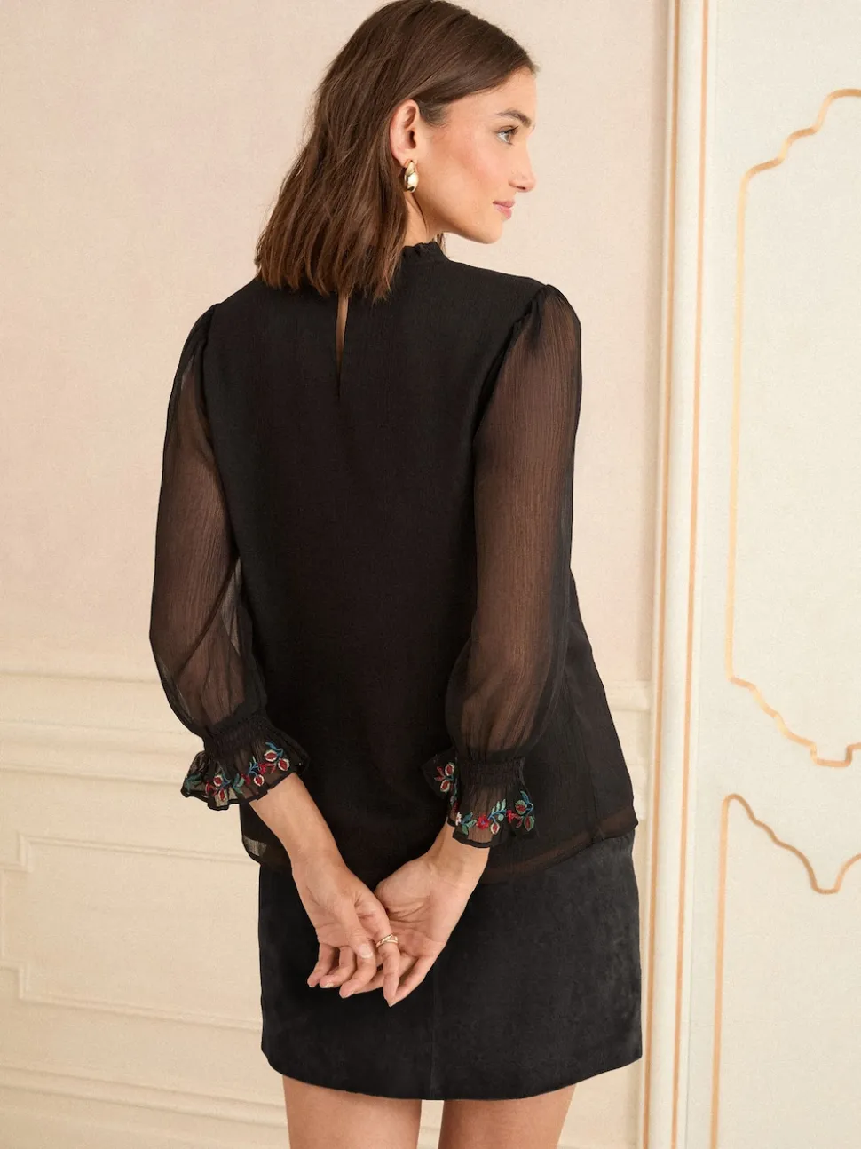 Love & Roses Black Embellished 3/4 Flute Sleeve Blouse