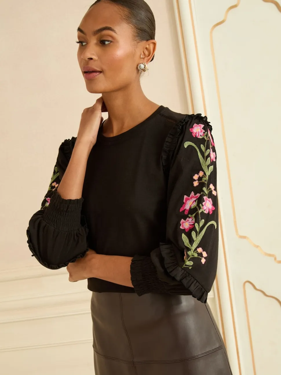 Love & Roses Black Embroidered Detail Jersey Top