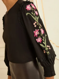 Love & Roses Black Embroidered Detail Jersey Top