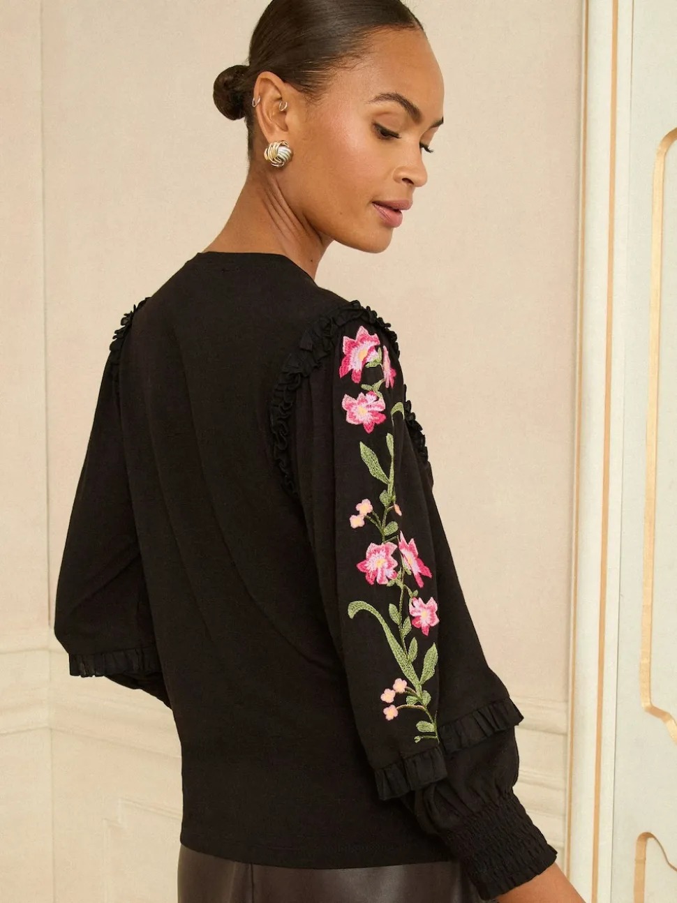 Love & Roses Black Embroidered Detail Jersey Top
