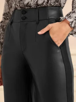 Love & Roses Black Faux Leather Wide Leg With Faux Suede Side Stripe Trousers
