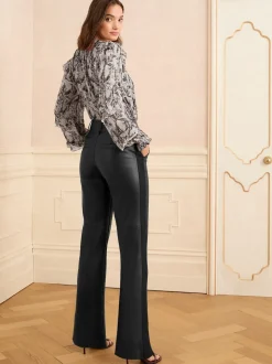 Love & Roses Black Faux Leather Wide Leg With Faux Suede Side Stripe Trousers