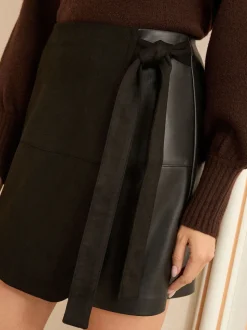 Love & Roses Black Faux Suede Mix Faux Leather Wrap Mini Skirt