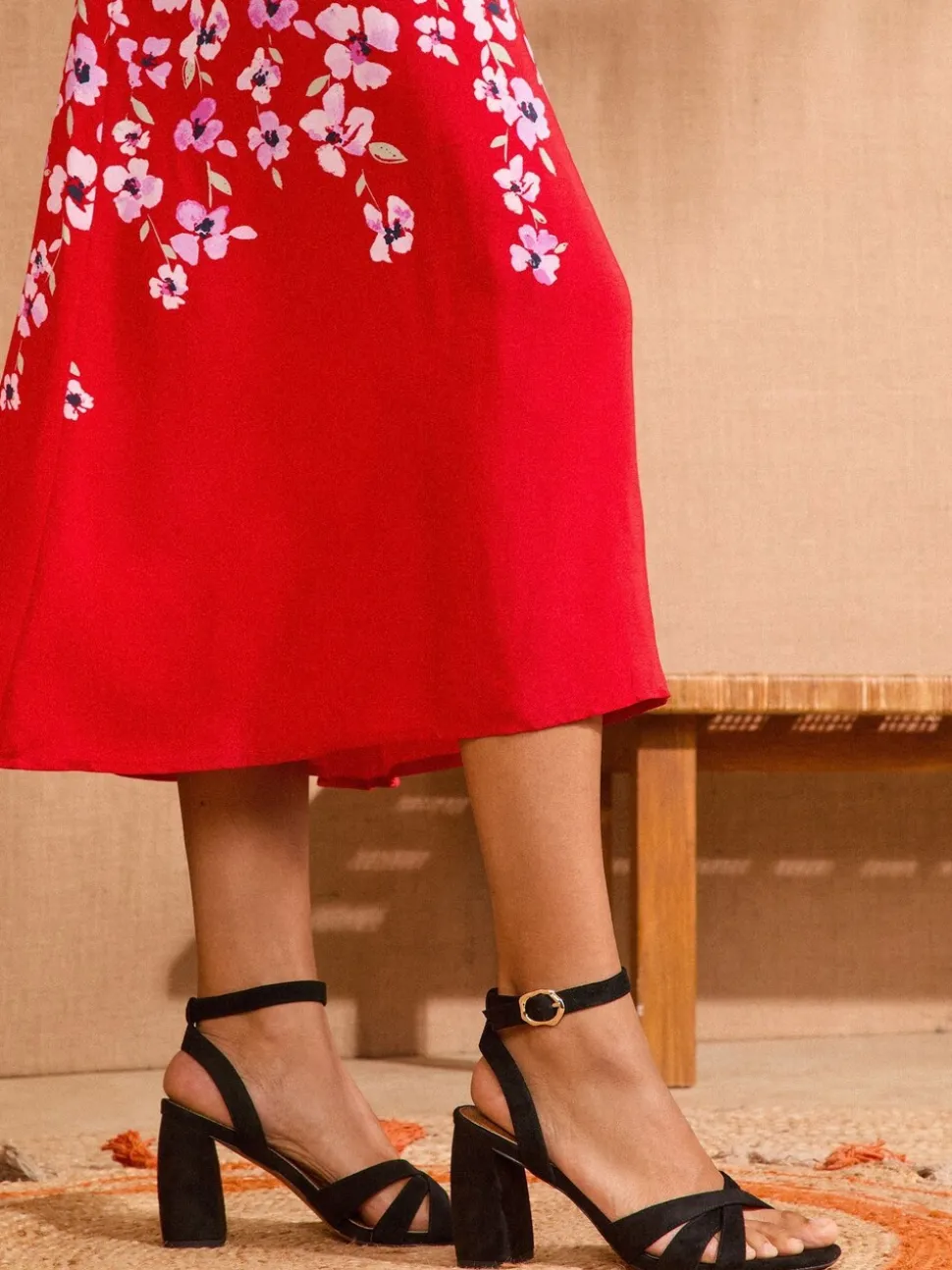 Love & Roses Black Flared Block Heel Faux Suede Sandals