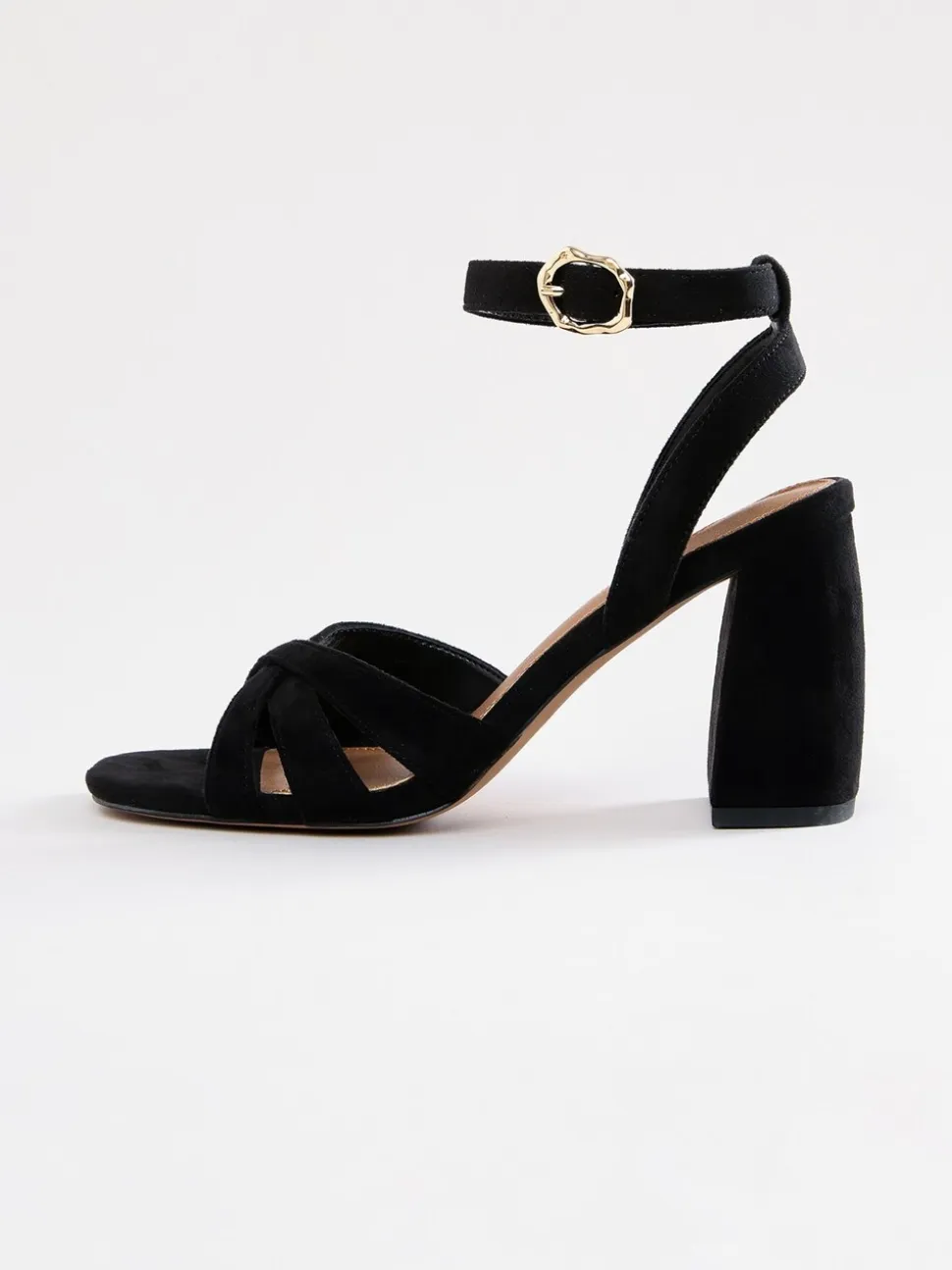 Love & Roses Black Flared Block Heel Faux Suede Sandals