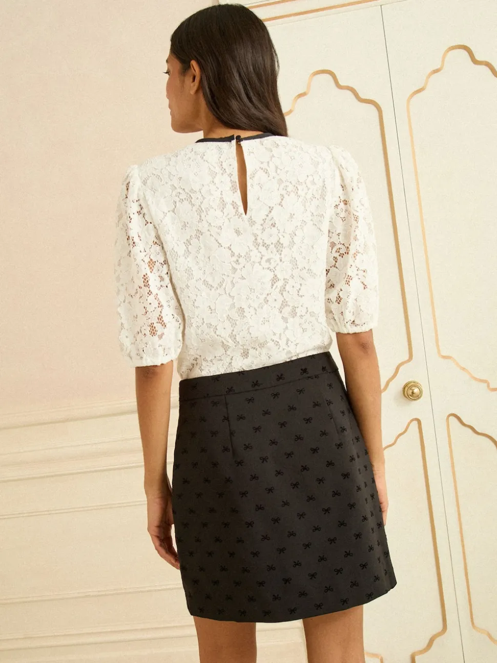 Love & Roses Black Flocked Bow Print Mini Skirt