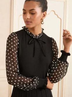 Love & Roses Black Floral Spot Frill Neck Frill Neck Chiffon Sleeve Knitted Mini Dress