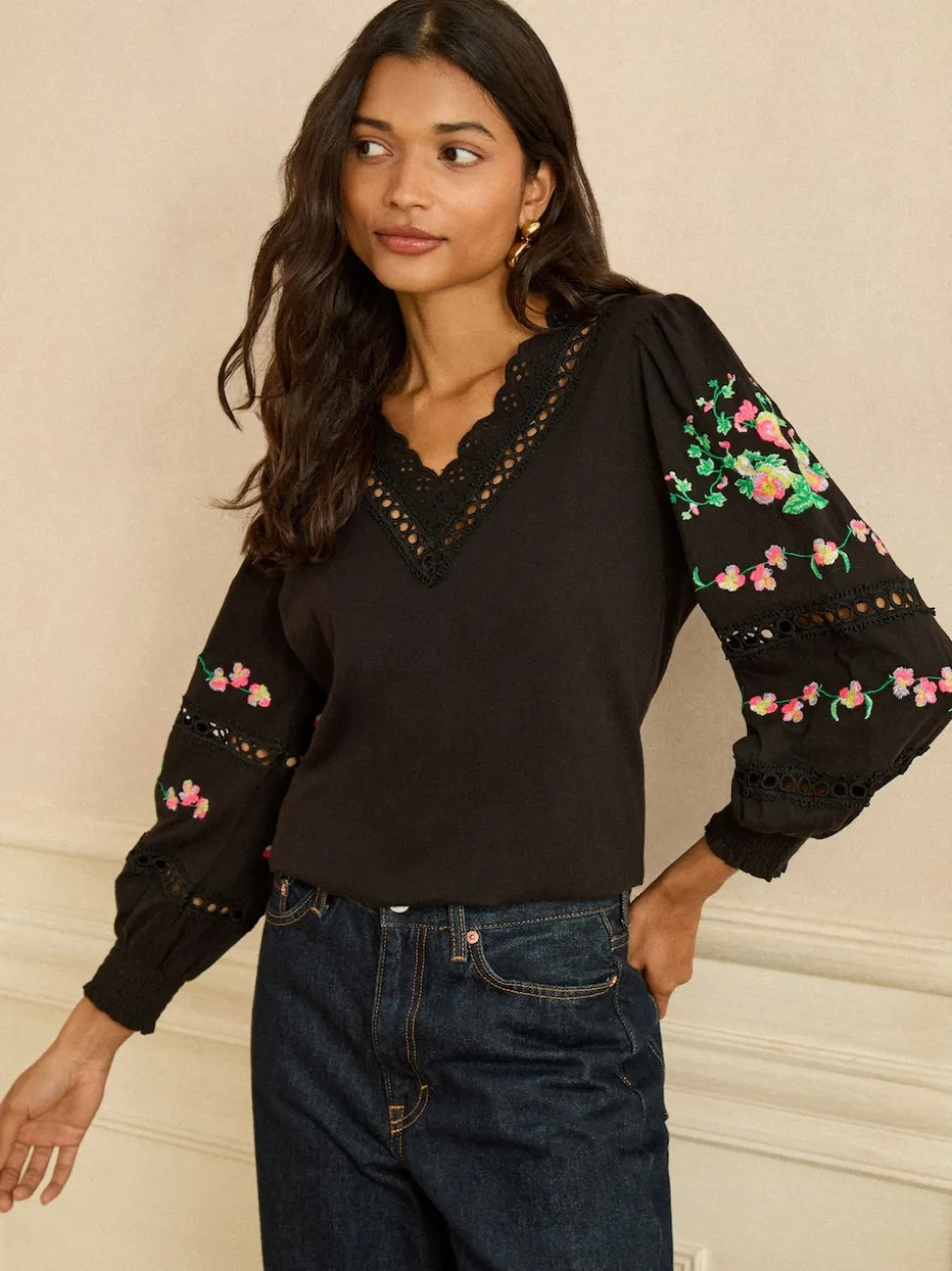 Love & Roses Black Floral Embrodiery Lace Insert V-Neck Long Sleeve Top