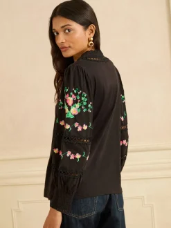 Love & Roses Black Floral Embrodiery Lace Insert V-Neck Long Sleeve Top