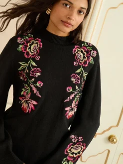 Love & Roses Black Floral Embroidery Cosy Jumper Dress