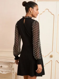 Love & Roses Black Floral Spot Frill Neck Petite Chiffon Sleeve Knitted Mini Dress