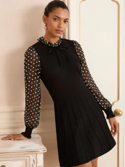 Love & Roses Black Floral Spot Frill Neck Petite Chiffon Sleeve Knitted Mini Dress
