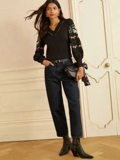 Love & Roses Black Floral Embrodiery Lace Insert Petite V-Neck Long Sleeve Top