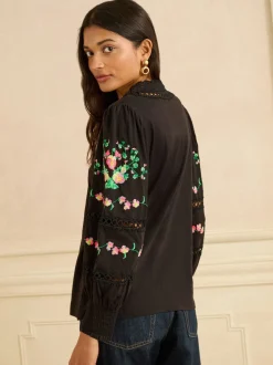 Love & Roses Black Floral Embrodiery Lace Insert Petite V-Neck Long Sleeve Top