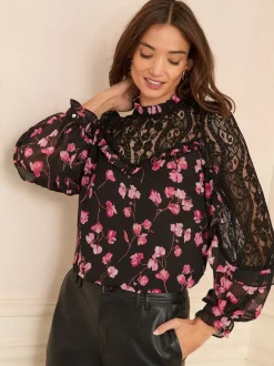 Love & Roses Black Floral Print Crew Neck Lace Yoke Long Sleeve Blouse