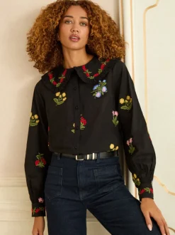 Love & Roses Black Floral Embroidered Collar Blouse