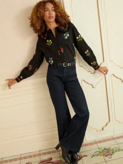 Love & Roses Black Floral Embroidered Collar Blouse