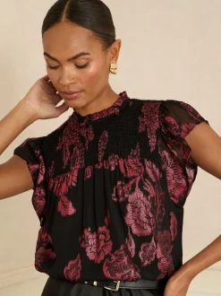 Love & Roses Black Floral Metallic Crew Neck Shell Top