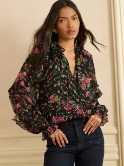 Love & Roses Black Floral Notch Neck Frill Cuff Blouse