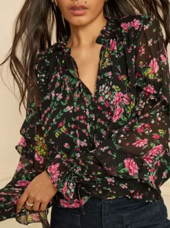 Love & Roses Black Floral Notch Neck Frill Cuff Blouse