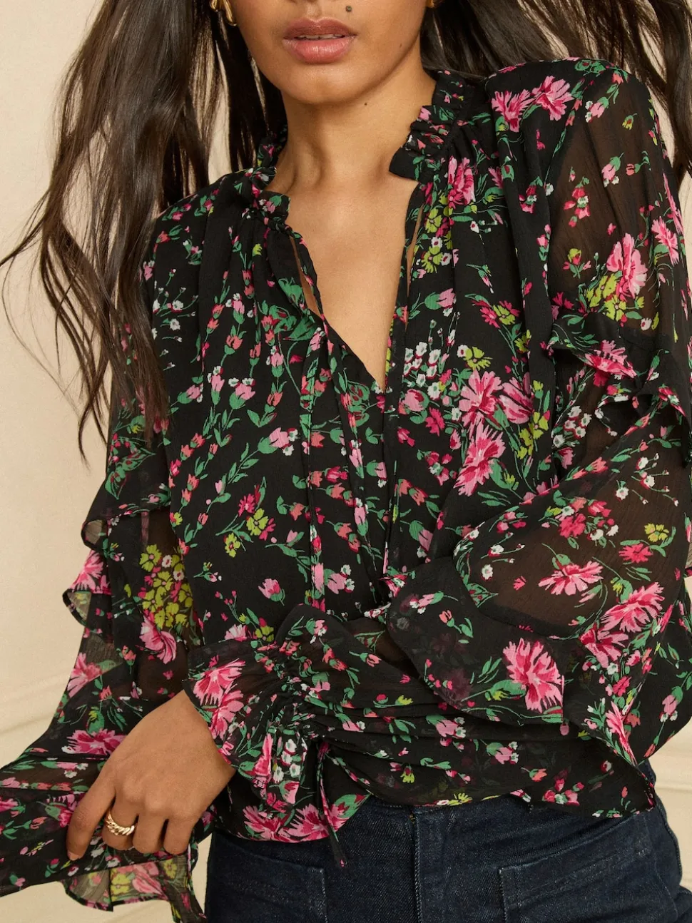 Love & Roses Black Floral Notch Neck Frill Cuff Blouse