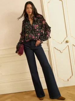 Love & Roses Black Floral Notch Neck Frill Cuff Blouse