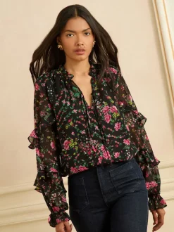 Love & Roses Black Floral Notch Neck Frill Cuff Blouse