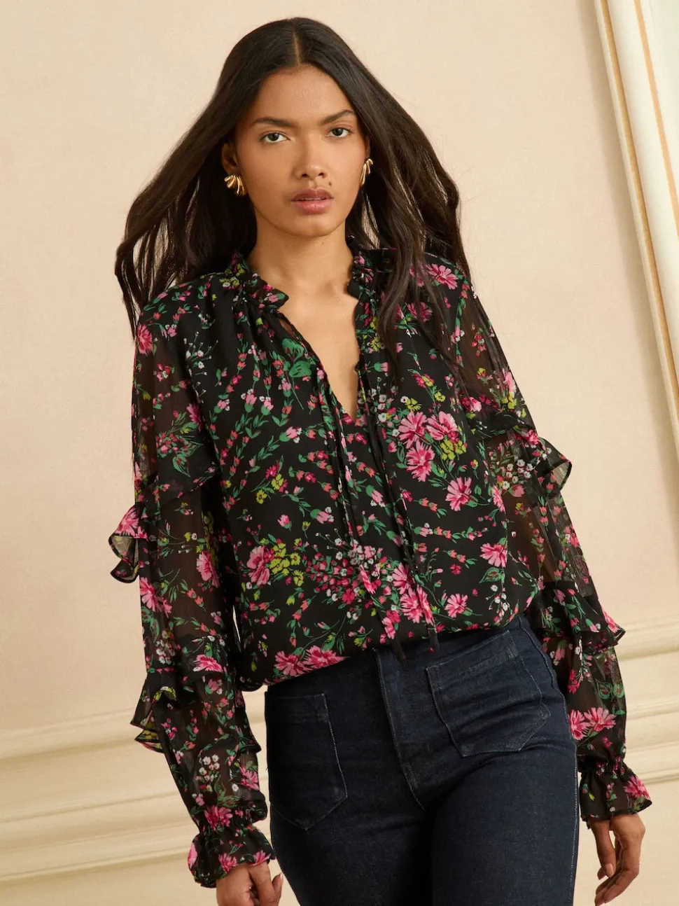 Love & Roses Black Floral Notch Neck Frill Cuff Blouse