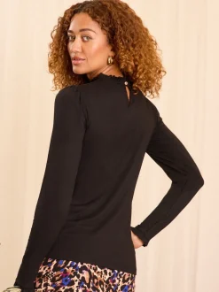 Love & Roses Black Frill Neck Long Sleeve Jersey Top